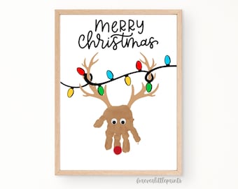 Impronta di mani di renna natalizia, stampabile, per bambini, neonati, impronte di piedi di cervo, ricordo, luci di Natale, biglietto di auguri di buon Natale, regalo
