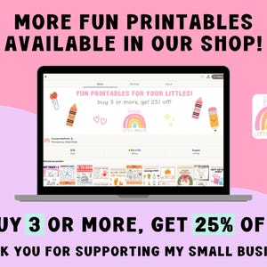 The image is an advertisement for a small business that sells printables, offering a 25% discount on their products. The text encourages customers to buy 3 or more items to get the discount.