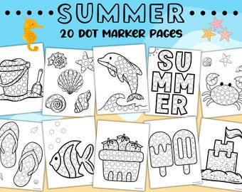 Afdrukbaar pakket zomerse stippen, sticker activiteit voor zomer, strandkleurplaten, werkbladen peuterkleuterschool