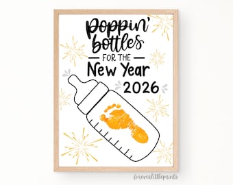 Lavoretto con le impronte dei piedi per i bambini di Capodanno, lavoretto con le impronte delle mani per neonati, lavoretto con le bottiglie scoppiettanti per la vigilia di Capodanno 2025, attività per l'asilo nido di Capodanno