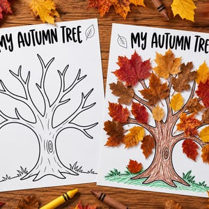 May include: Two white sheets of paper with the text "MY AUTUMN TREE" at the top. One sheet shows a black and white line drawing of a bare tree. The other sheet shows a tree colored with brown crayon and decorated with real, colorful autumn leaves.