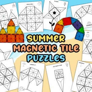 May include: A collection of printable activity sheets titled Summer Magnetic Tile Puzzles, featuring black and white line drawings of shapes like a sandcastle, beach ball, flower, rainbow, sun, umbrella, ice cream cone, and raindrop.