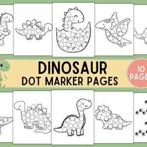 Páginas de actividades con marcadores de puntos de dinosaurios, hojas para colorear con marcadores de puntos, actividades para preescolar y guardería, actividades para colorear de motricidad fina imprimibles