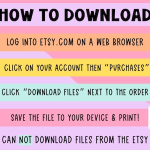 The image is a colorful advertisement for a website called Etsy, providing instructions on how to download files from the site.