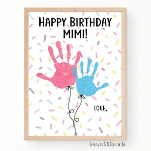 Happy Birthday Mimi Handprint Balloons Art, Personalized Birthday Gift from Kids Toddler Infant, Birthday Card for Gram, Footprint Art