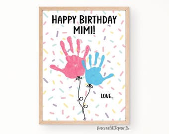 Happy Birthday Mimi Handprint Balloons Art, Personalized Birthday Gift from Kids Toddler Infant, Birthday Card for Gram, Footprint Art