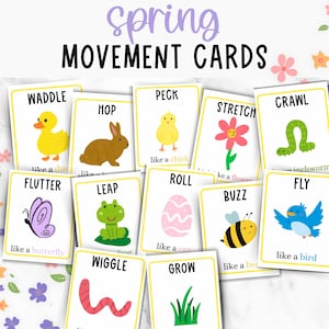 Spring Movement Cards, Spring Activity, Kids Action Cards Printable, Toddler Activities, Preschool Brain Break Transitions, Gross Motor