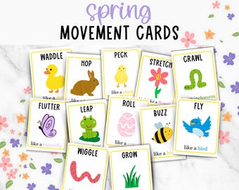 Spring Movement Cards, Spring Activity, Kids Action Cards Printable, Preschool Brain Break Transitions, Gross Motor Activites