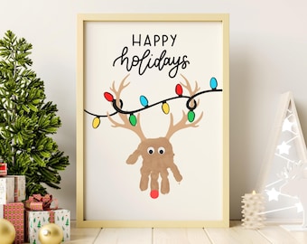 Happy Holidays Reindeer Handprint Art Kids Toddlers Baby Printable Deer Footprint Craft Keepsake Christmas Lights Classroom School Project