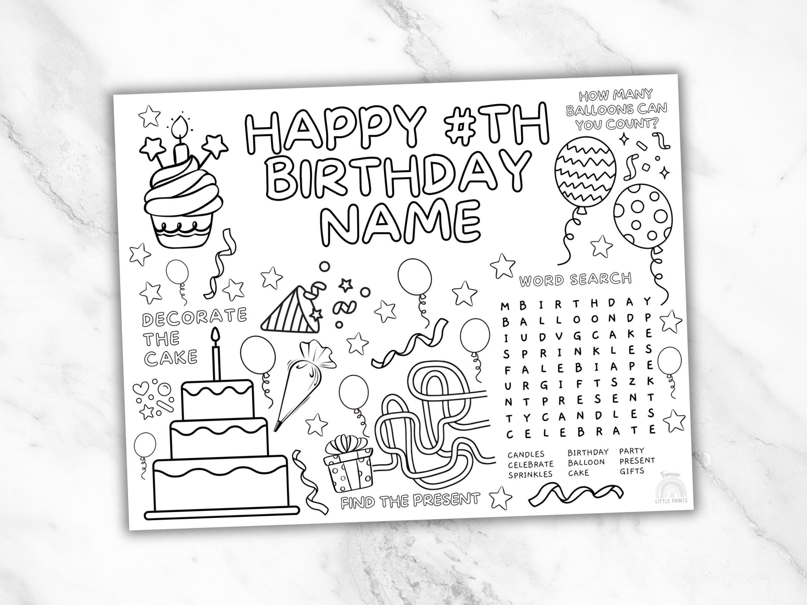 Birthday Coloring Placemat for Kids Personalized Party Sheet Paper ...