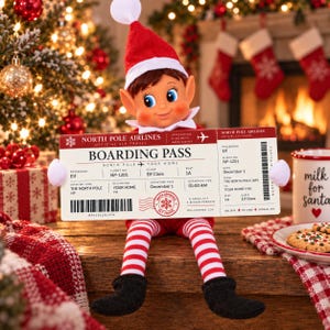 May include: A toy elf with brown hair, wearing a red and white hat and red and white striped leggings, holding a North Pole Airlines boarding pass. The ticket features text including Passenger Elf, Flight NP-1201, and Departure December 1.