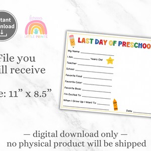 Last Day of Preschool Handprint, Last Day of School Questionnaire, Pre ...