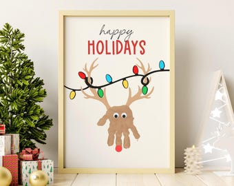 Happy Holidays Reindeer Handprint Art Kids Toddlers Baby Printable Deer Footprint Craft Keepsake Christmas Lights Classroom School Project