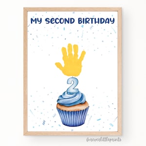 Arte con huella de mano para mi segundo cumpleaños, manualidad con huella de mano para cupcakes de segundo cumpleaños, recuerdo del segundo cumpleaños de niño pequeño, actividad para niño azul, libro de recuerdos