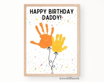 Buon compleanno papà con palloncini con impronta della mano, regalo di compleanno personalizzato per bambini, biglietto di auguri con impronta della mano per papà.