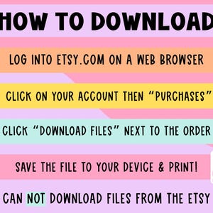 The image is a colorful advertisement for a website called Etsy, providing instructions on how to download files from the site.