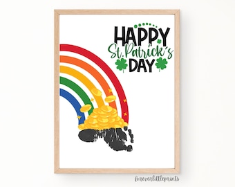 St Patrick’s Day Handprint Craft for Kids Toddlers Baby, Saint Patrick’s Craft Footprint Art, Preschool Activity for March, Rainbow Pot Gold