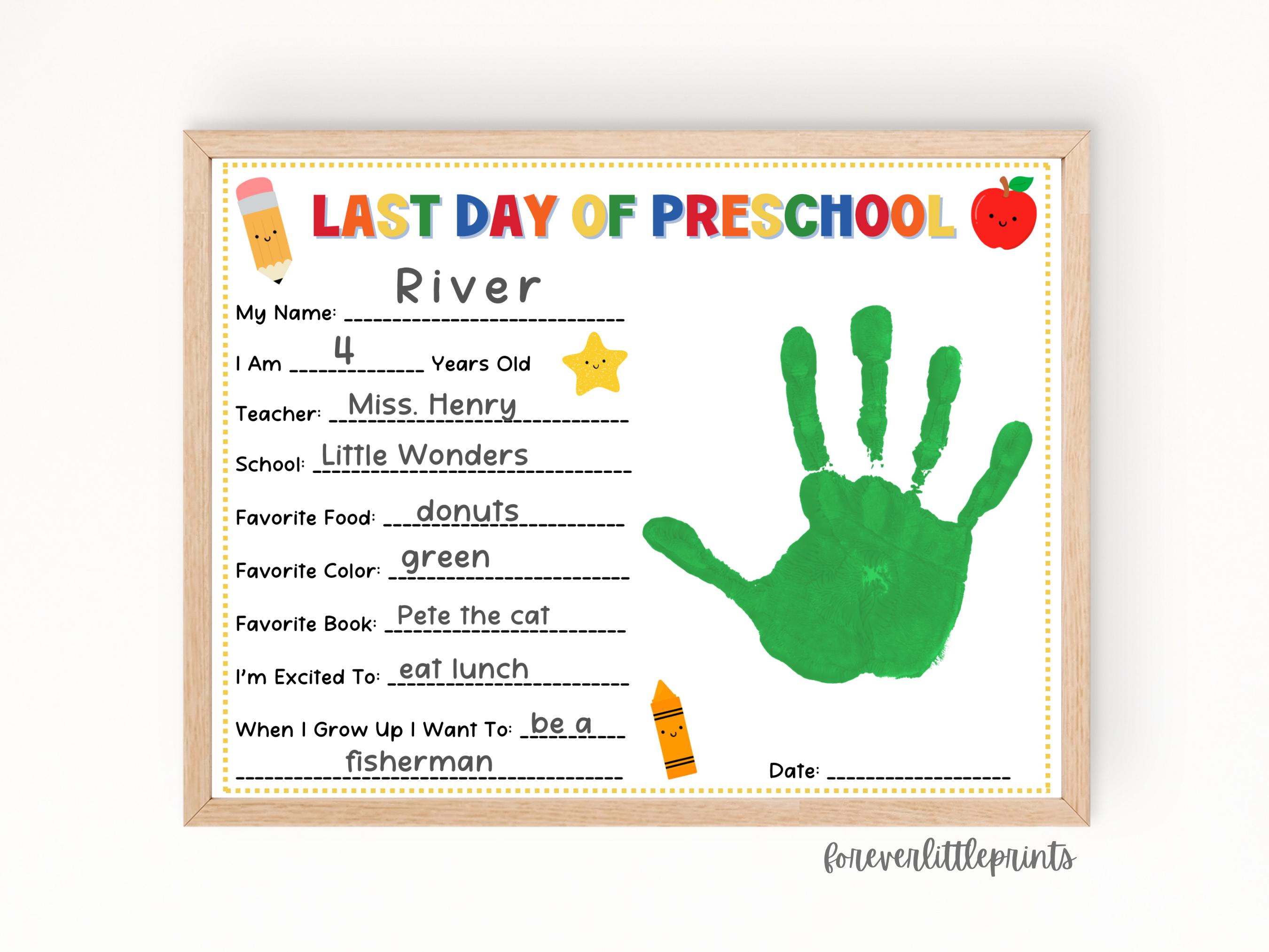 Last Day of Preschool Handprint, Last Day of School Questionnaire, Pre ...