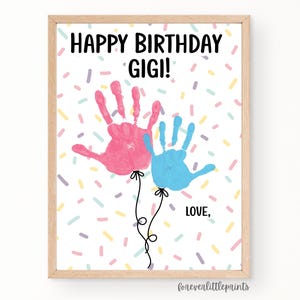 Buon compleanno Gigi Handprint Balloons Art, regalo di compleanno personalizzato per bambini piccoli neonati, biglietto di auguri di compleanno con impronta della mano per Gaga Grammy