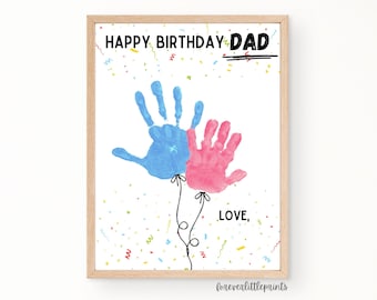 Buon compleanno papà con palloncini e impronte di mani, regalo di compleanno personalizzato per bambini, biglietto di auguri con impronte di mani per papà.