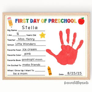 First Day of Preschool Handprint, 1st Day of School Questionnaire, Back to School, First Day of School Survey, Pre-Kindergarten