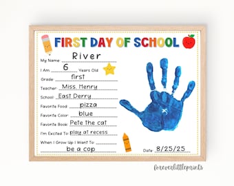 Huella de la mano del primer día de clases, Cuestionario del primer día de clases, Cartel imprimible del primer día de clases, Regreso a clases, Inicio del año