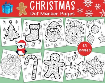 Christmas Dot Marker Pages, Dots Art Worksheets, Holiday Winter Printable Coloring Sheets Dots Art Markers Kids Craft Santa Xmas