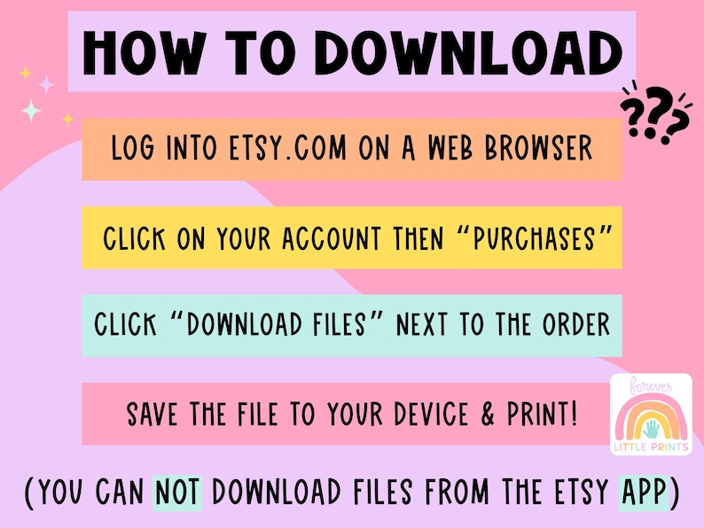 The image is a colorful advertisement for a website called Etsy, providing instructions on how to download files from the site.