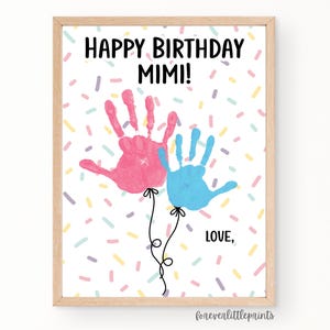 Joyeux anniversaire Mimi, empreinte de main, art ballons, cadeau d'anniversaire personnalisé pour enfant en bas âge, carte d'anniversaire pour Gram, empreinte art