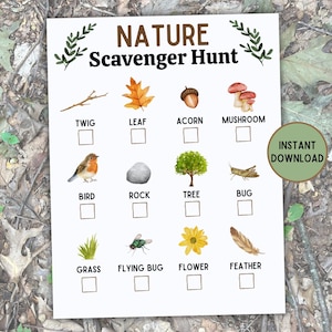 Nature Scavenger Hunt Printable Outdoor Learning Games Adventure Outside Activity Homeschool Forest Walk Treasure Hunt Camping Trail Hiking