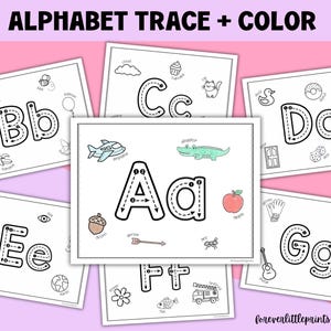 May include: Alphabet tracing and coloring pages for kids. The image shows several white pages with letters A through G, each with a tracing outline and related illustrations. The text "ALPHABET TRACE + COLOR" is at the top.