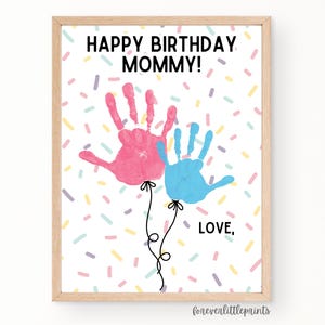 Balões de arte com impressão de mão de feliz aniversário para mamãe, presente de aniversário personalizado para mamãe de crianças pequenas, bebê, cartão de aniversário com impressão de mão