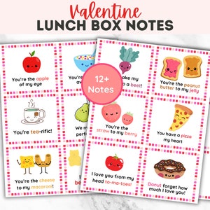 May include: Valentine's Day lunch box notes with cute food illustrations and puns. The notes include phrases like "You're the apple of my eye" and "You're the peanut butter to my jelly". The notes are printed on a pink and red dotted background.