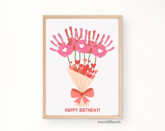 Happy Birthday Handprint Art, Flower Birthday Gift from Kids Toddler Baby for Mom Gram Her, Handmade Birthday Card for Mom Grandma Grammy