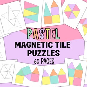 Puede incluir: Tarjetas blancas con formas geométricas en colores pastel, incluyendo triángulos, cuadrados y hexágonos. Las tarjetas rodean el texto "PASTEL MAGNETIC TILE PUZZLES 60 PAGES" sobre un fondo rosa y morado.