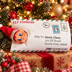 Brief voor de laatste dag van de elf, printbare retourenvelop, kerstelf-accessoires, terugkeer naar de Noordpool, vertrek van de elf