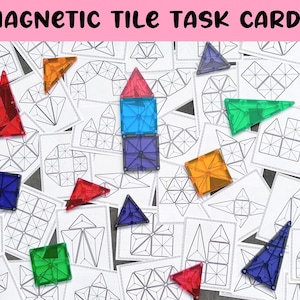 May include: A collection of white task cards featuring black line drawings of geometric shapes, scattered with translucent red, blue, green, purple, and orange magnetic tiles. The text "MAGNETIC TILE TASK CARDS" is printed in black at the top.