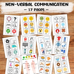 Könnte beinhalten: Ein Set aus 17 Seiten zur nonverbalen Kommunikation mit rasterbasierten visuellen Symbolen. Jede Seite enthält beschriftete Illustrationen zu Emotionen, täglichen Aktivitäten, Kleidung, Lebensmitteln und einer Schmerzskala mit Körperdiagrammen.