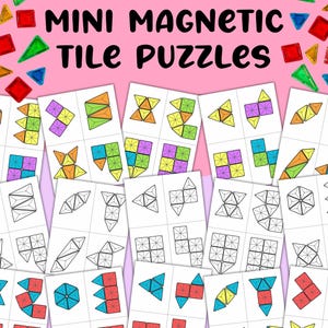 May include: Mini magnetic tile puzzles with colorful geometric shapes. The image shows several cards with different puzzle designs, including triangles, squares, and hexagons. The text "MINI MAGNETIC TILE PUZZLES" is at the top.