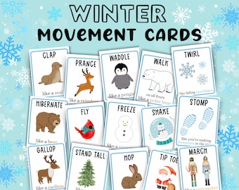 Tarjetas de movimiento invernal, tarjetas imprimibles para niños, actividad navideña, actividad de transición para el cerebro en el descanso escolar, educación en casa en acción