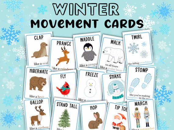 Winter Movement Cards, Kids Flash Cards Printable, Christmas Activity, School Brain Break Transitions Activity, Homeschool Inside Action