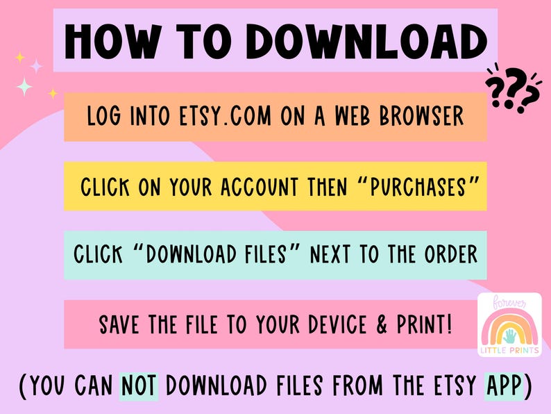 The image is a colorful advertisement for a website called Etsy, providing instructions on how to download files from the site.