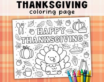 Mantel individual para colorear de Acción de Gracias para niños, mantel de papel imprimible con pavo, juegos de Acción de Gracias, páginas para colorear de otoño