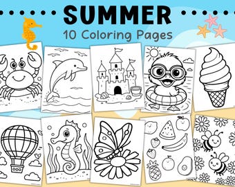 Summer Coloring Pages for Kids, Kawaii Cute Coloring Book, Toddler Preschool Daycare Activity, Beach Coloring Sheets