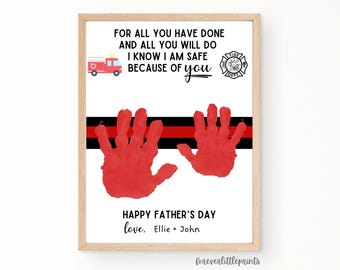 Firefighter Father’s Day Handprint Craft, Dad Handprint Art Craft Sign, Gift for Daddy from Baby Infant Toddler Kids, Fireman Birthday Gift