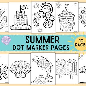 Paquete imprimible de marcadores de puntos de verano, divertidas páginas de actividades para preescolar, hojas para colorear de playa, marcadores de puntos