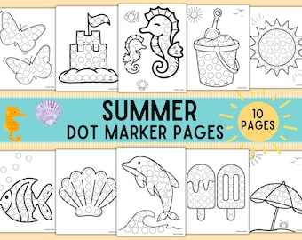 Summer Dot Marker Printable Pack, Fun Preschool Daycare Activity Pages, Beach Coloring Sheets, Dots Art Markers