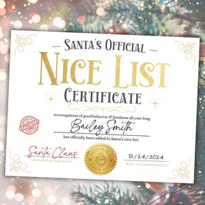 May include: A white certificate with gold lettering and accents, declaring "Santa's Official Nice List Certificate." Includes a name, date, and Santa Claus's signature. Festive holiday theme.
