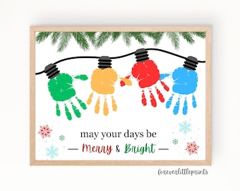 Holiday Lights Handprint Art Craft for Kids Baby Toddler, Merry & Bright Handprint Craft Art, DIY Craft Memory Christmas Keepsake Printable