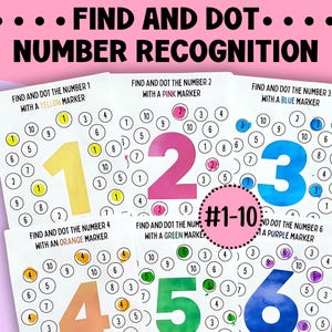 Strony z ćwiczeniami z rozpoznawaniem liczb za pomocą markera kropkowego, kolorowanki z markerem kropkowym, program nauczania dla przedszkolaków i przedszkolaków, dopasowywanie małej motoryki